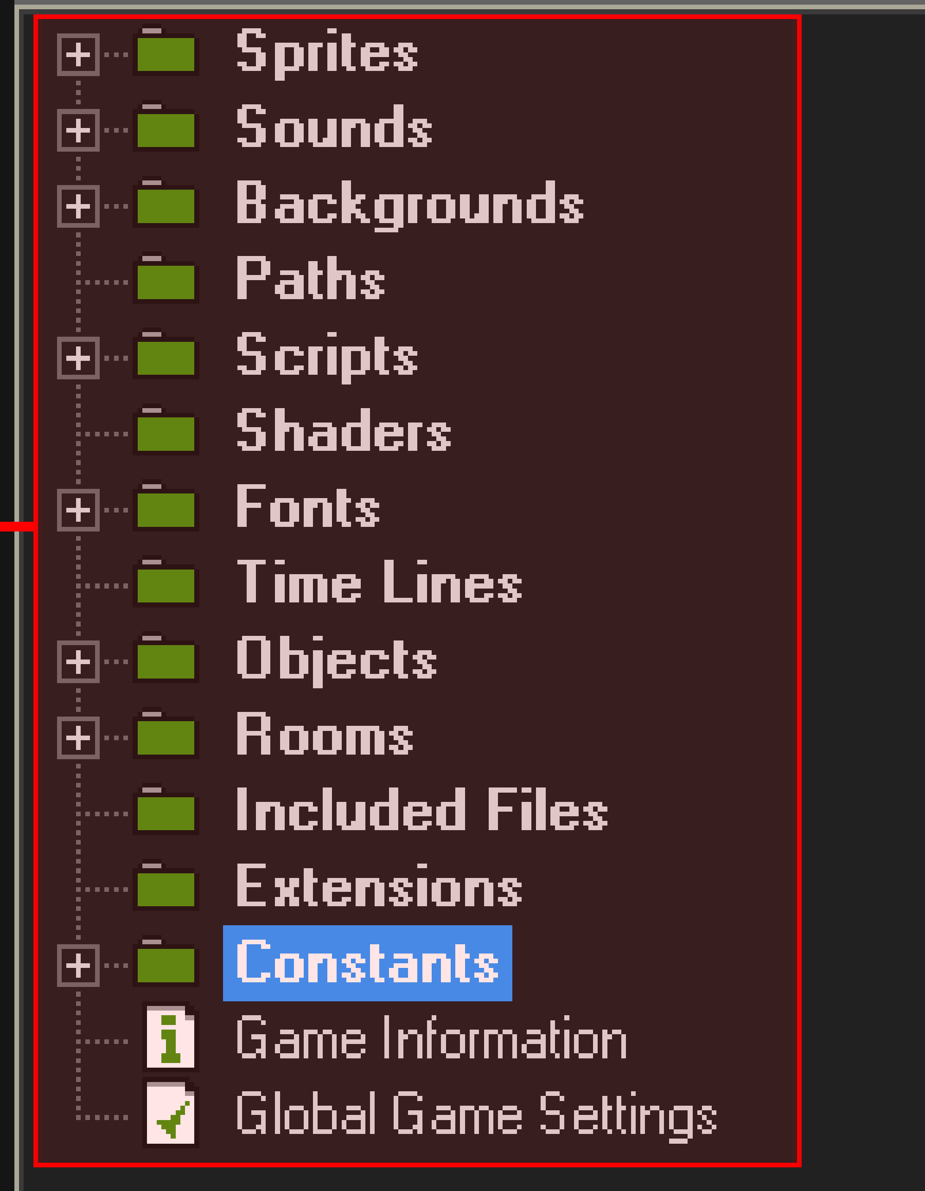 The resource tree in GameMaker Studio 1.4